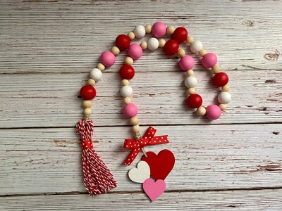 Handmade Wood Bead Garland with Tassel & Heart, Red, White & Pink Valentines  Day